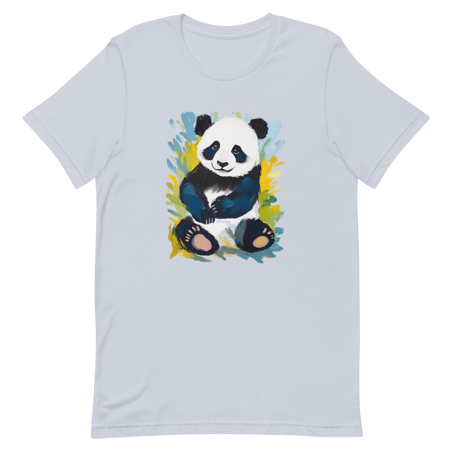 Light blue cotton t-shirt featuring a cute panda, surrounded by artistic brushstrokes of lively and vibrant nature blossoms.