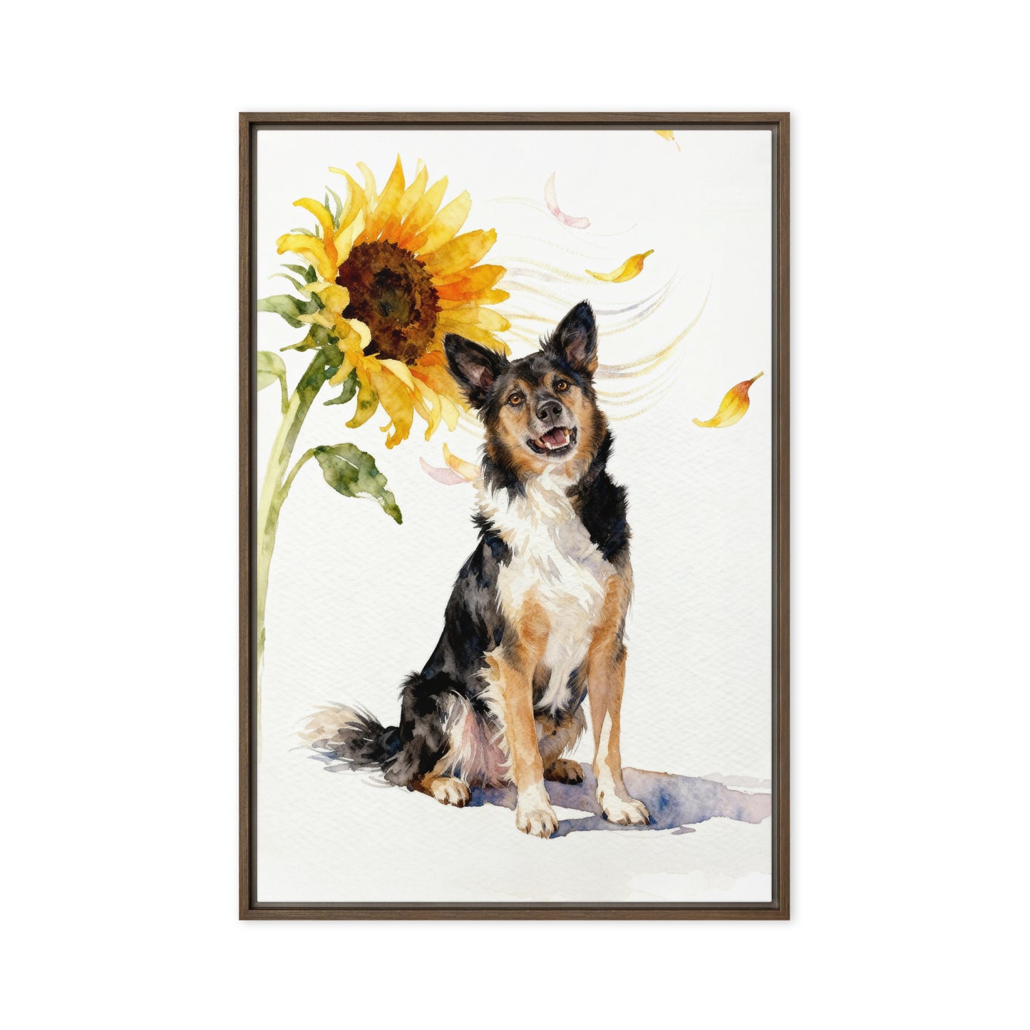 Custom watercolor sunflower pet portrait of a smiling dog with floating pink and yellow petals, painted on white background.