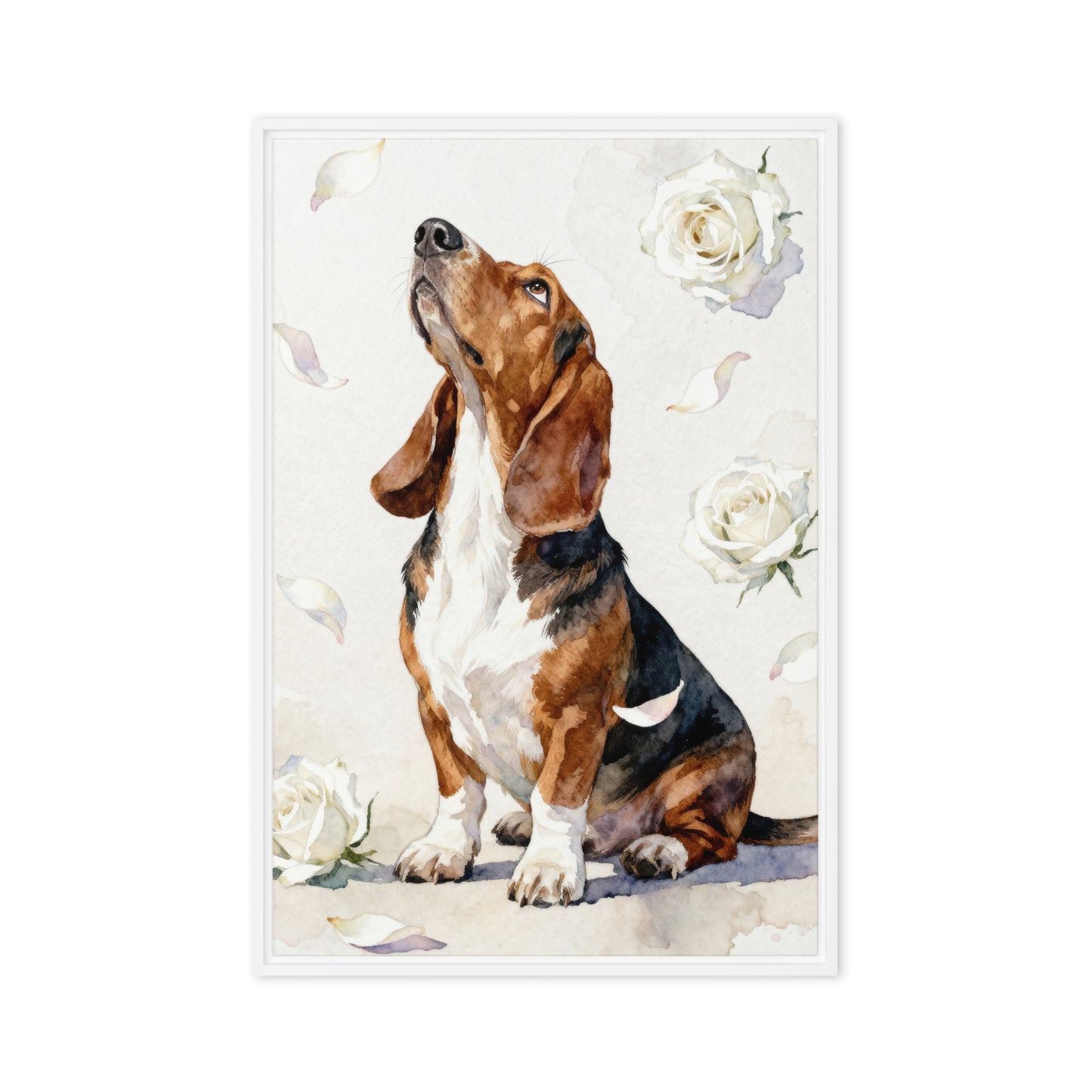 Custom watercolor pet portrait canvas featuring a dog with white roses and pastel petals in a minimalist floral design.