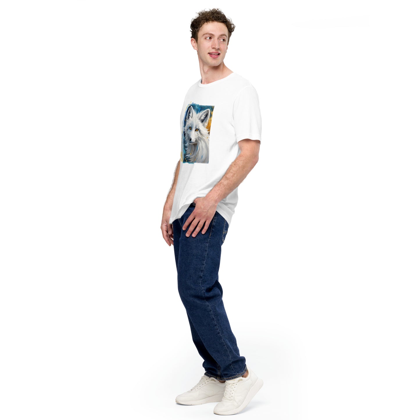 Full-body view of a young man wearing the White Fox Artistry Tee in white, showcasing the artistic white fox design on the front.