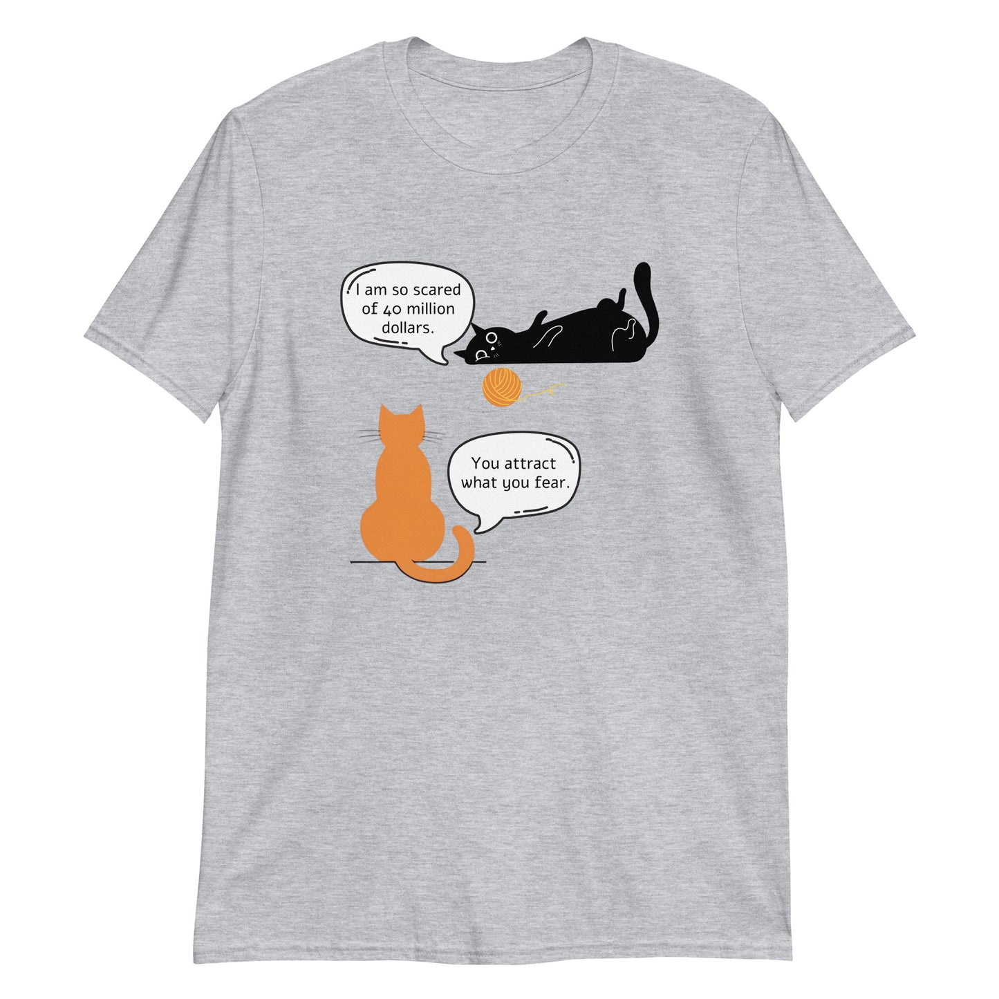 Grey cotton funny cat shirt featuring an amusing cat graphic with witty speech.