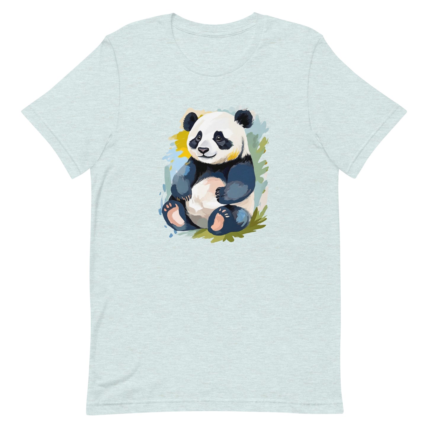 Light blue cotton tee featuring an adorable panda graphic with watercolor pastel brushstroke blooms, creating an artistic and lively aesthetic.