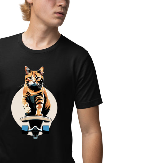 Close-up of a young man wearing a black cool t-shirt featuring a playful skateboarding cat design. A stylish cat t-shirt for men that’s perfect for cat lovers!