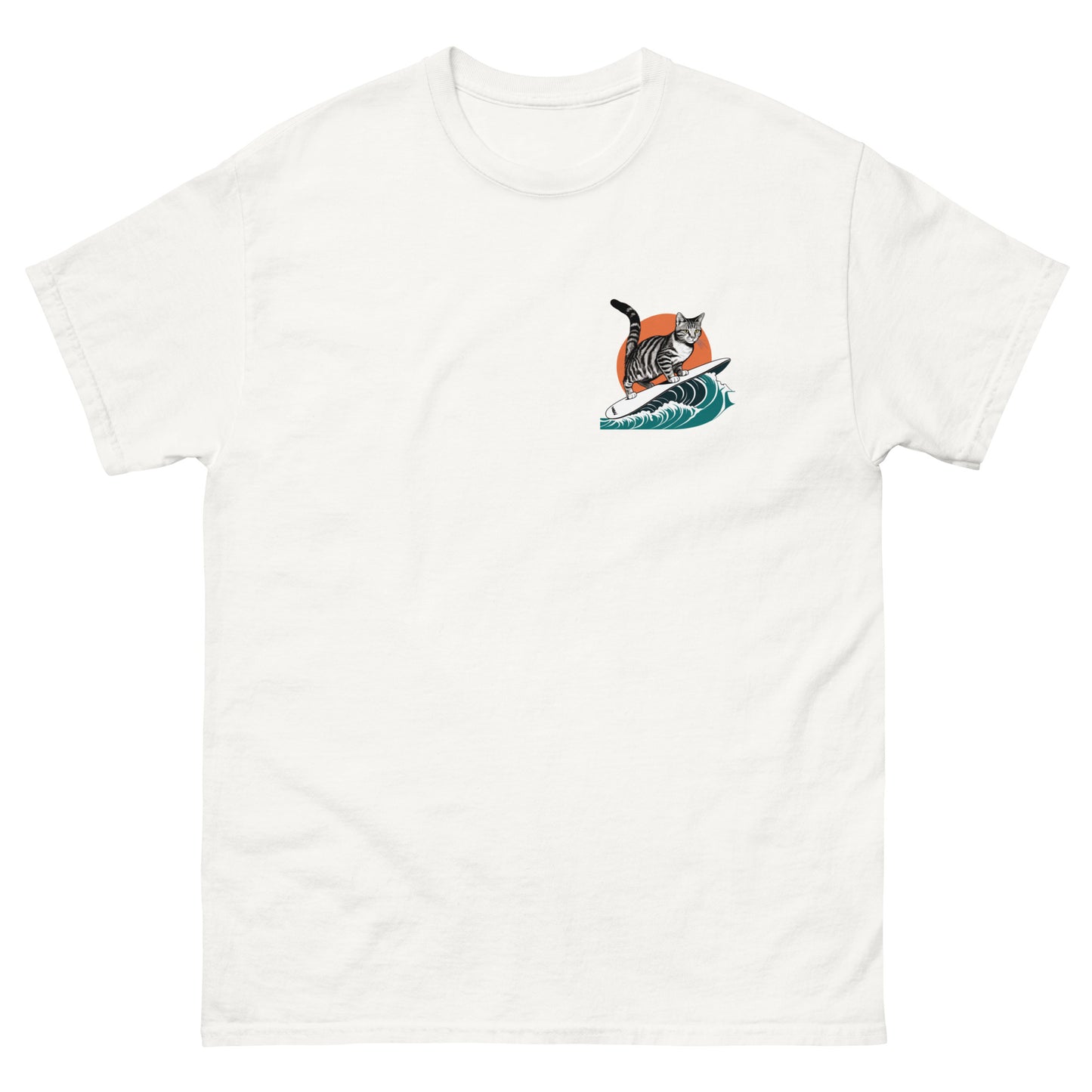 Black cotton t-shirt with a small surfing cat graphic on the front left chest, laid flat.