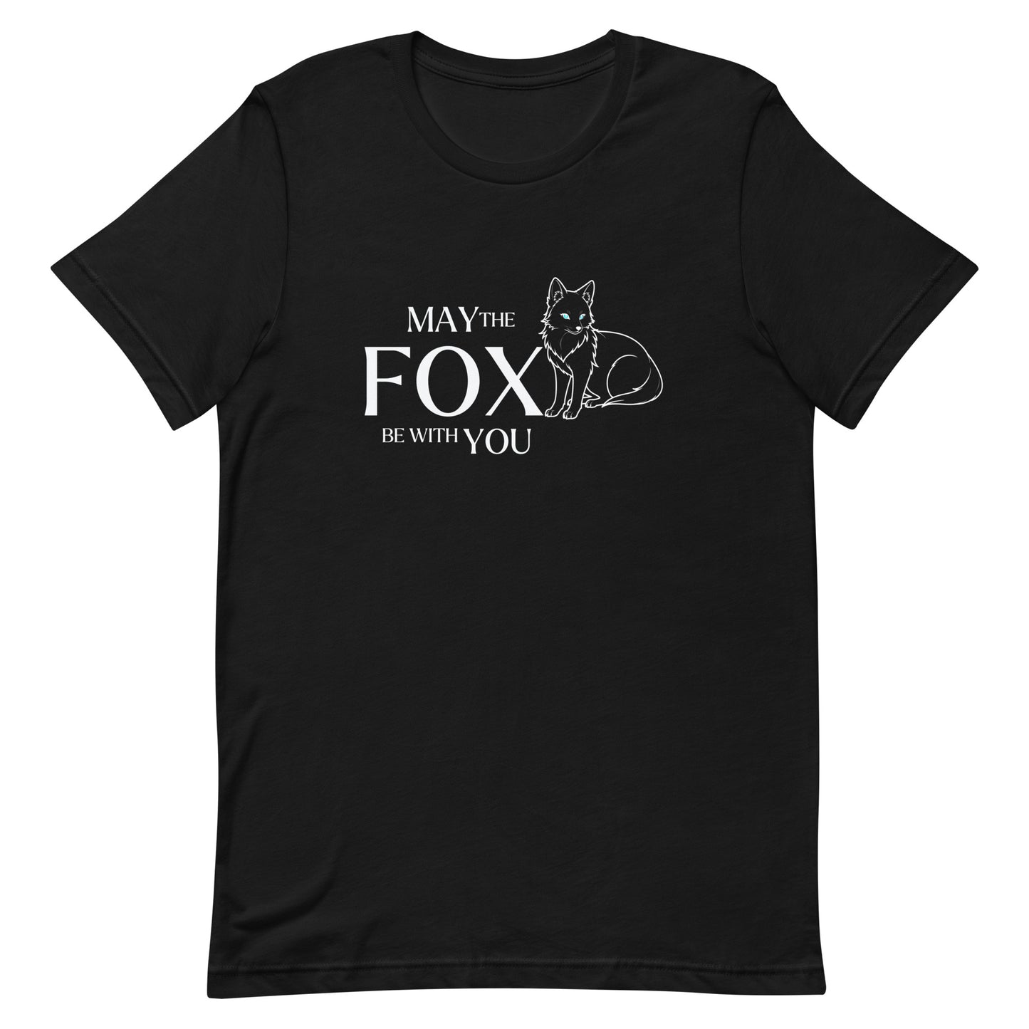 A minimalist graphic T-shirt in black, featuring a white fox design with the humorous phrase 'May the Fox be with you.