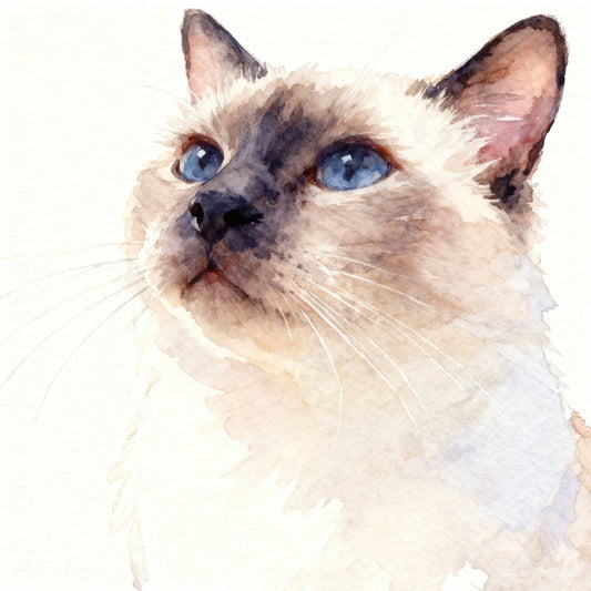 Modern minimalist watercolor pet portrait of a white cat with soft brushstrokes on a clean white background.