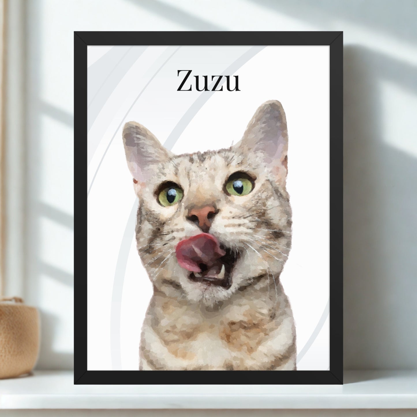 A modern-style portrait of a cat with a minimalist background, displayed in a frame on a clean white desk.