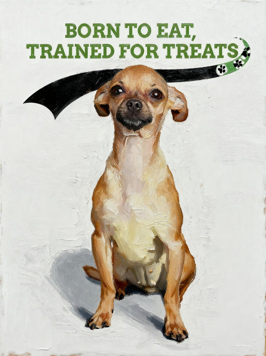 Modern pet portrait of a dog , under a playful banner on textured background.