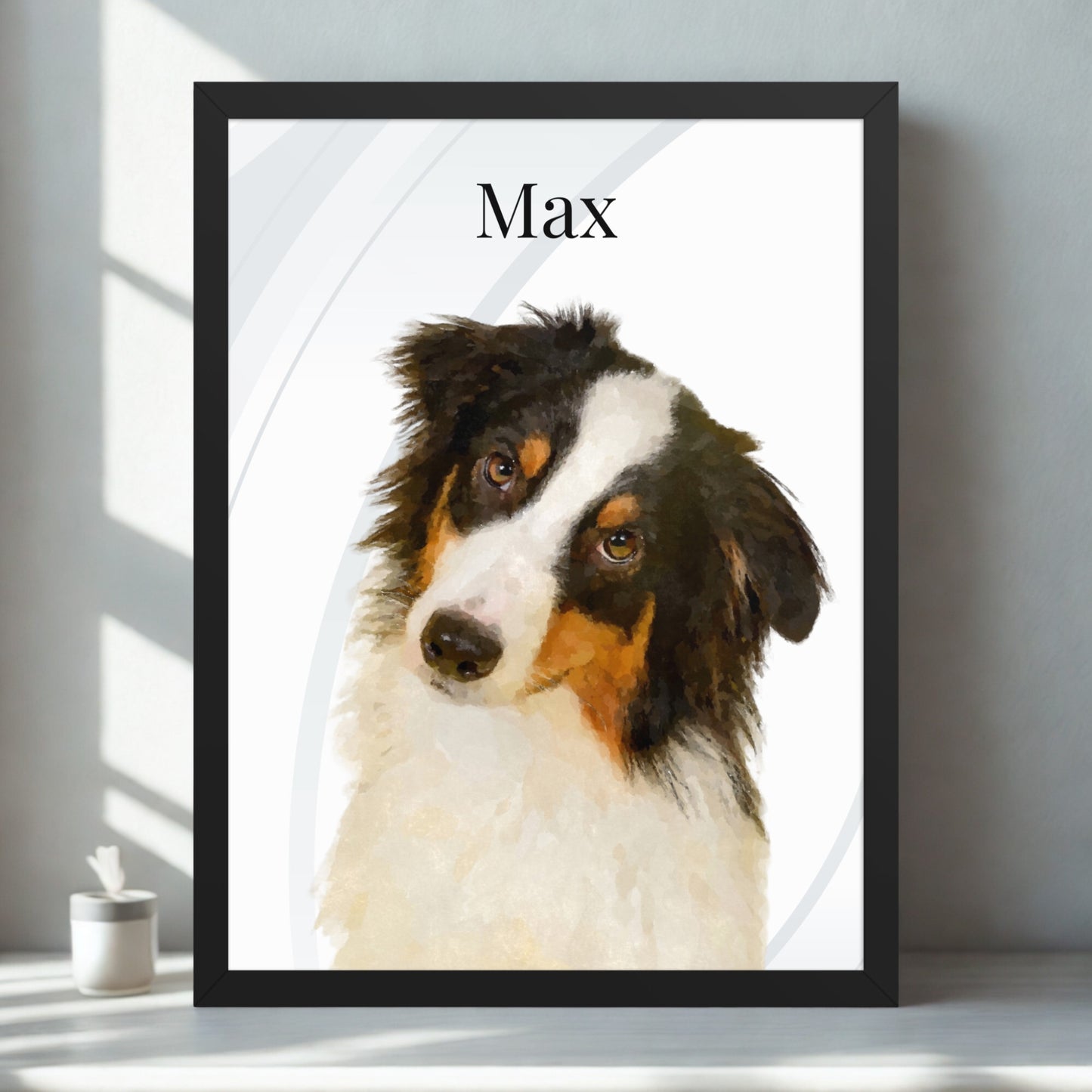 A modern-style portrait of a dog with a minimalist background, displayed in a frame on a clean white desk.