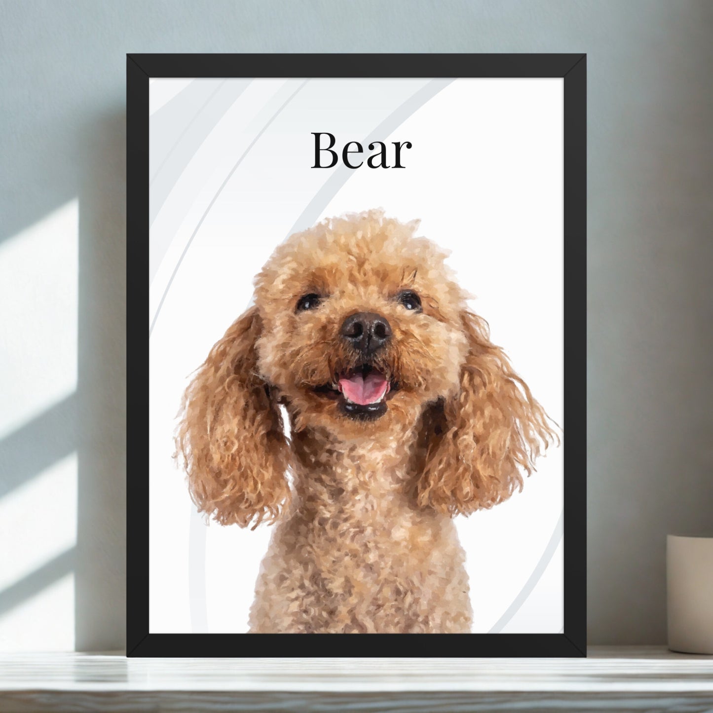 A modern-style portrait of a poodle dog with a minimalist background, displayed in a frame on a clean white desk.