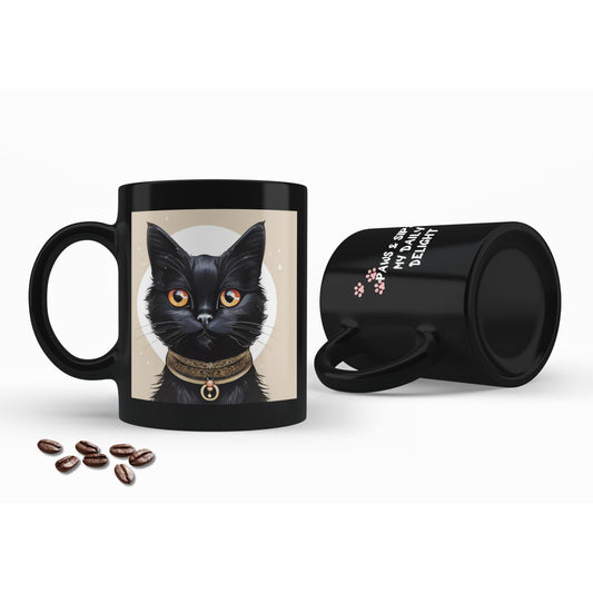 A pair of sleek black coffee mugs, each featuring a whimsical black cat illustration on one side, with the other side showcasing a delightful printed message.