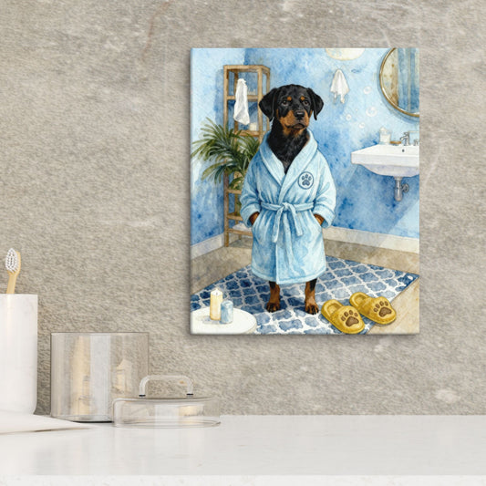Canvas print of a dog in a bathrobe in a bathroom setting on a wall.