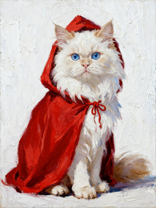 Custom pet portrait of a white cat in a red riding hood cape, whimsical fairy tale costume for personalized pet artwork.