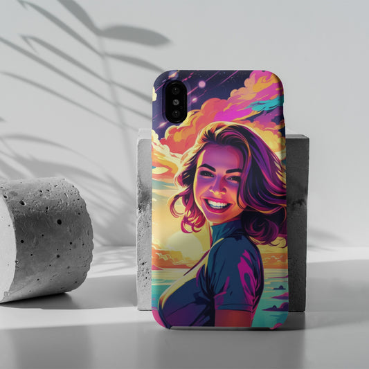 A vibrant pop art portrait iPhone case beautifully displayed on a modern table.