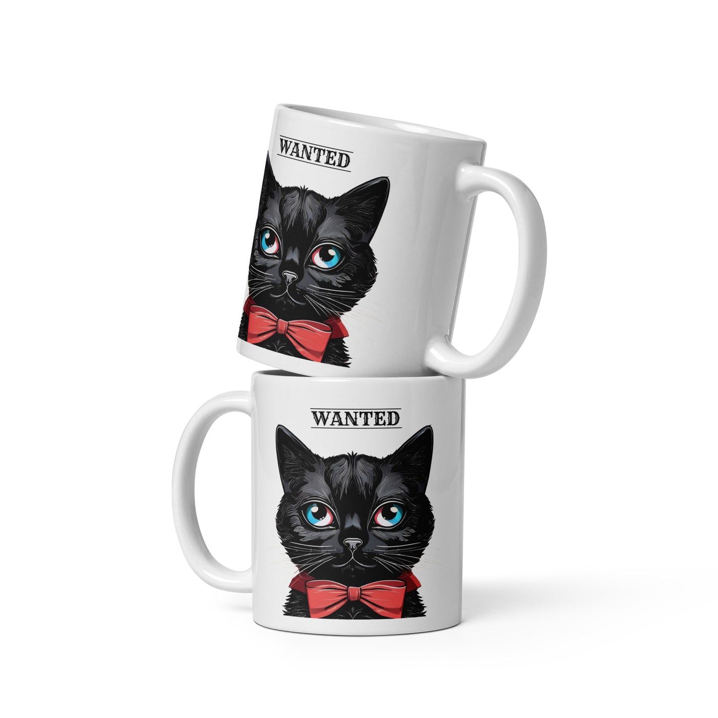 Front views of two black cat mugs stacked to showcase both sides, featuring an adorable black cat and a humorous 'wanted' message.