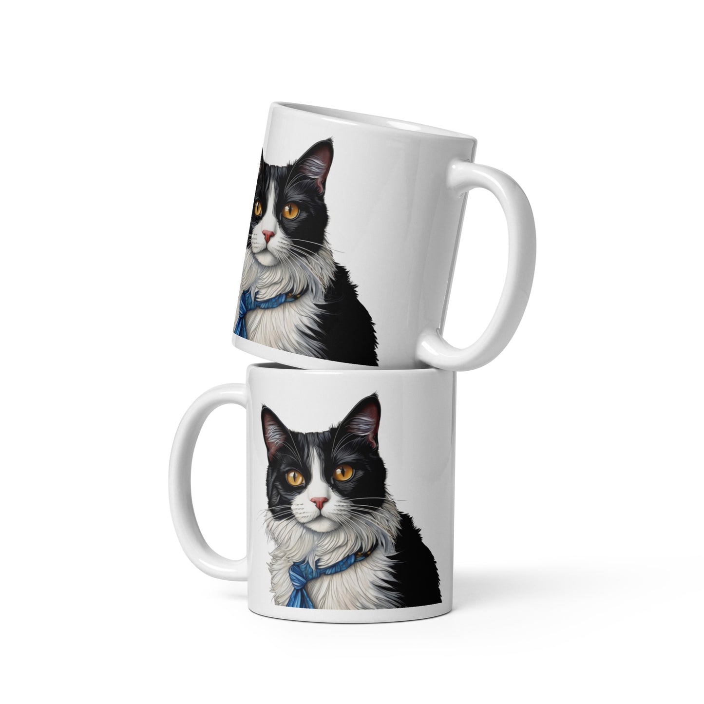 Front view of two stacked tuxedo cat mugs, showcasing the designs on both sides.