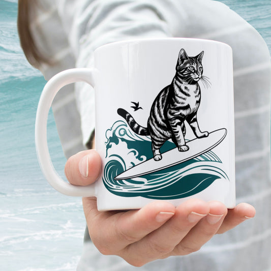 Woman holding a glossy white ceramic surfing cat mug with a playful design, perfect for cat lovers and surfers.