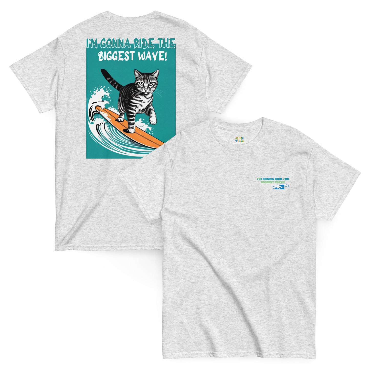 An ash-colored cotton cat funny t-shirt Front and back view of an ash-colored cotton T-shirt, laid flat on the floor. The design features a playful graphic of a waving cat on the front, while the back showcases the text: 'I'm gonna ride the biggest wave.' A fun and stylish choice for cat lovers with a sense of humor.