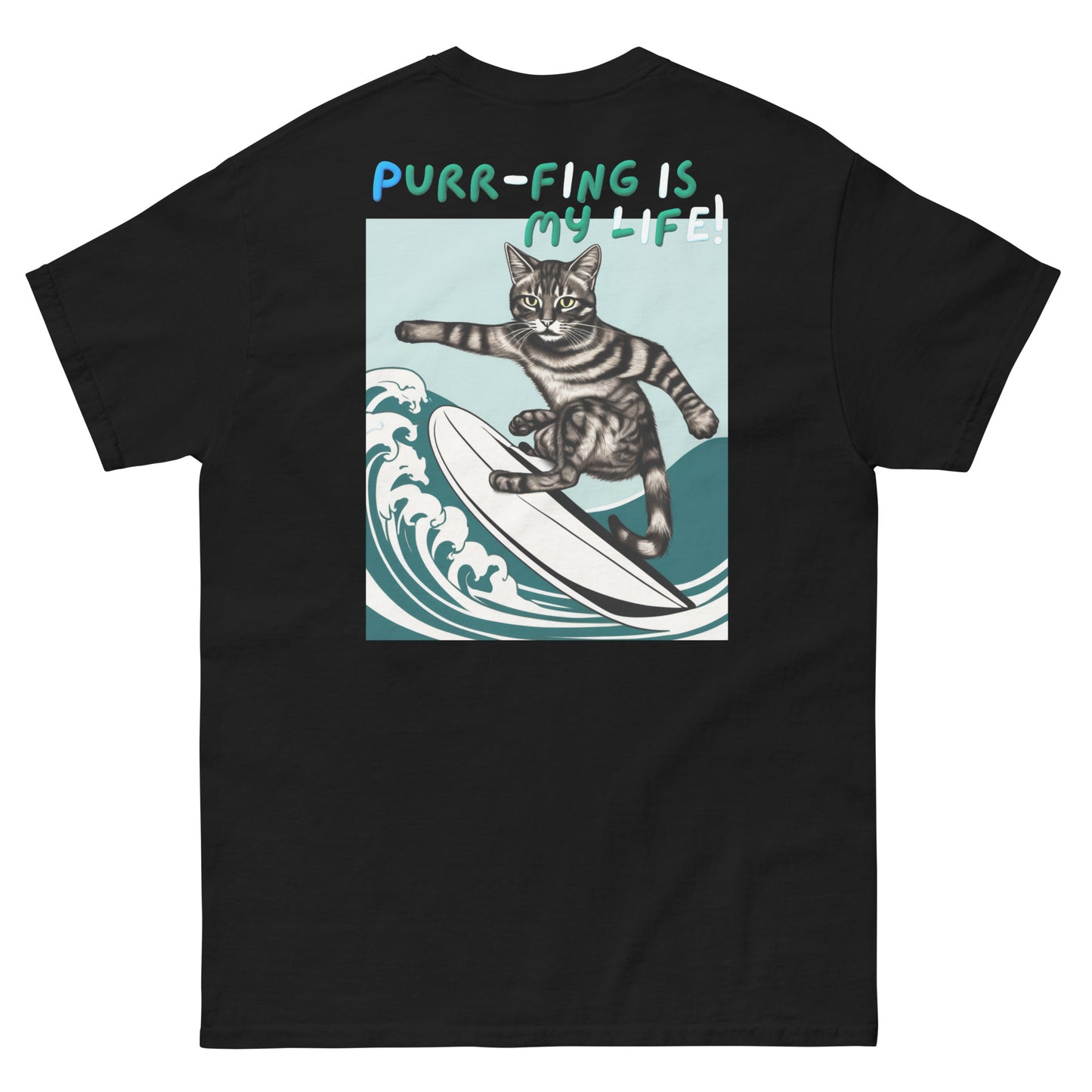 A fun black cotton t-shirt showcasing a cool cat surfing with the catchy phrase 'Purr-fing is my life' printed on the back.