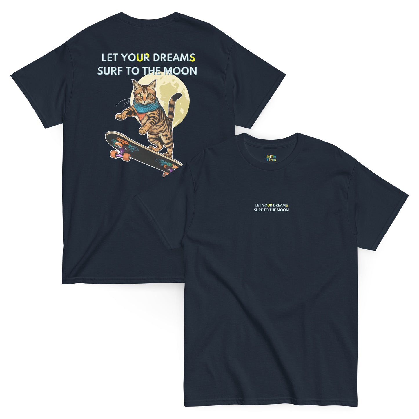 Front and back view of a navy cotton T-shirt, laid flat on the floor. The back features a playful graphic of a cat skating, while the front displays the text: 'Surf to the moon.' A cool and quirky design, perfect for cat lovers with a sense of adventure.