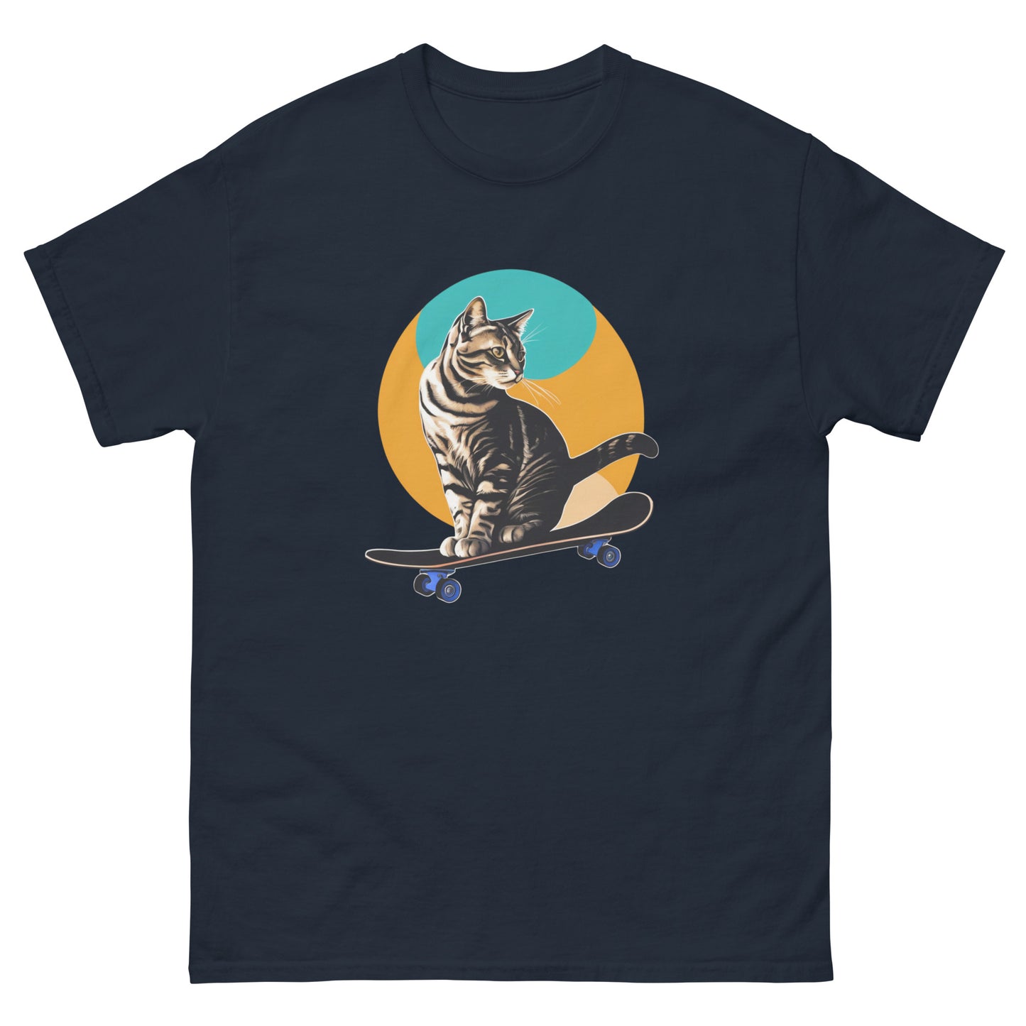Navy blue short-sleeve cotton T-shirt featuring a playful graphic of a cat skateboarding, perfect for cat lovers and casual style.
