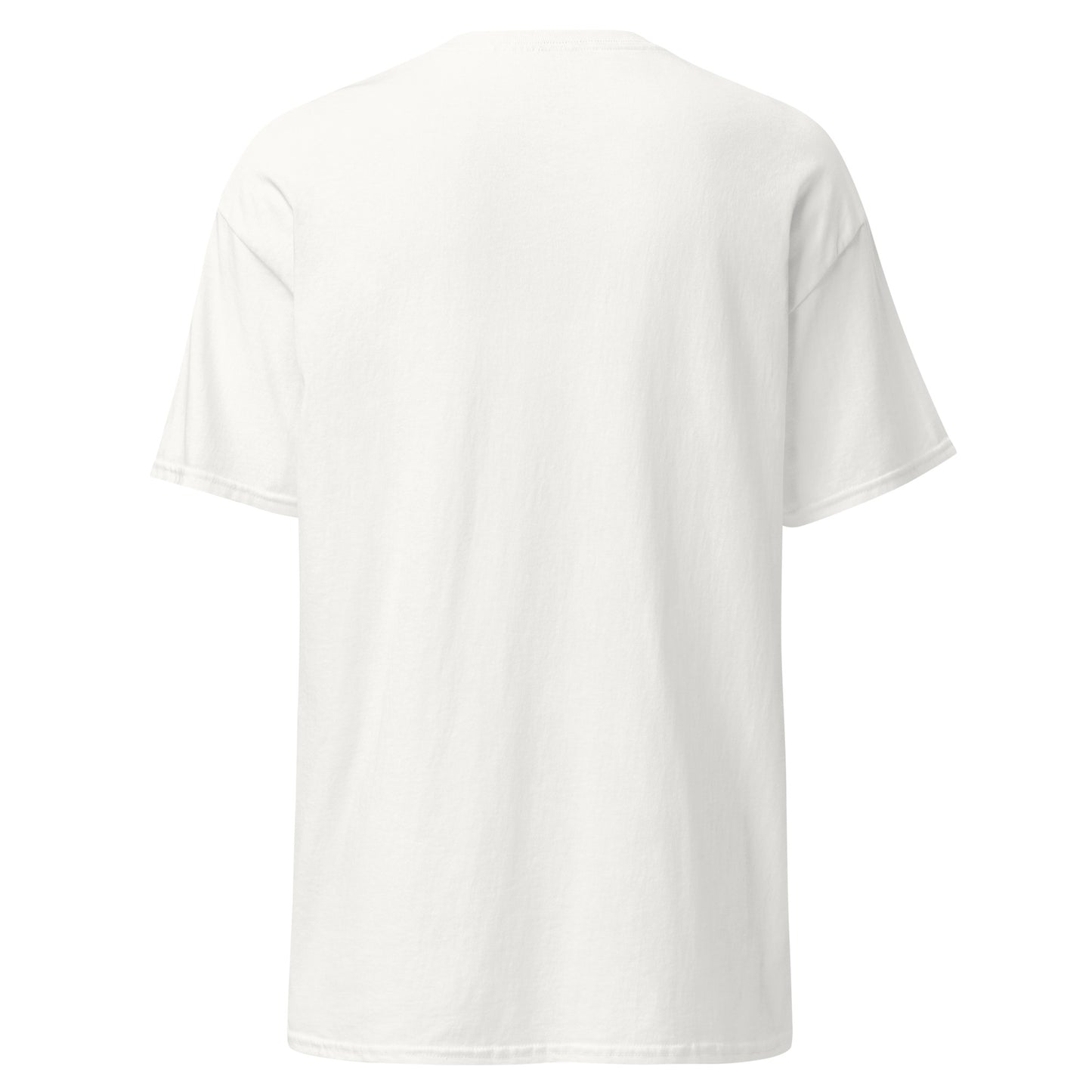 Back view of a white T-shirt.