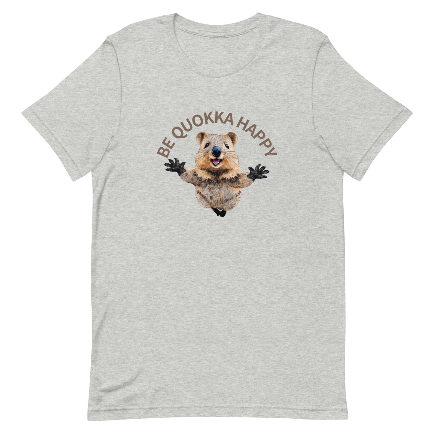 A grey cotton T-shirt with a Happy Quokka graphic.