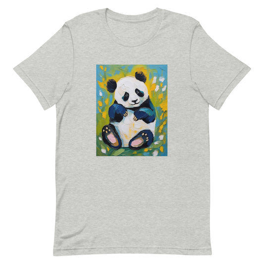 Athletic heather soft cotton t-shirt featuring a playful brushstroke-style panda with vibrant floral blossoms, artistic and cozy.