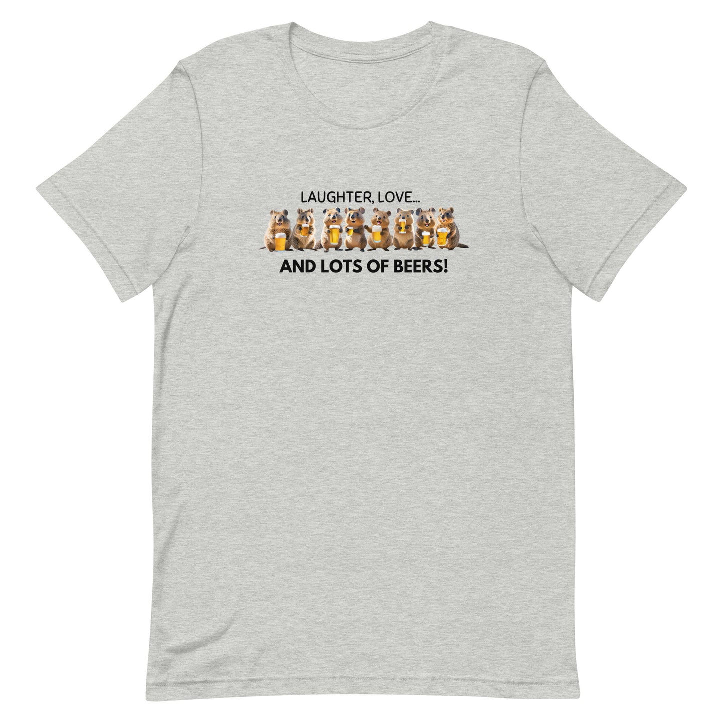 Grey cotton T-shirt showcasing a cheerful Quokka enjoying beers with friends, radiating fun and good vibes.