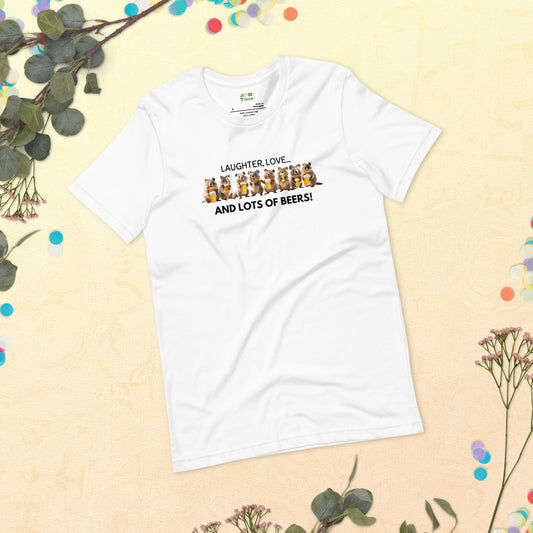 White cotton T-shirt, laid flat, featuring a cheerful Quokka enjoying beers with friends, radiating fun and good vibes.
