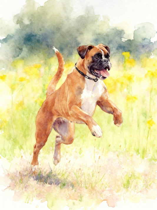 Watercolor portrait of a boxer dog running through a field with yellow flowers.