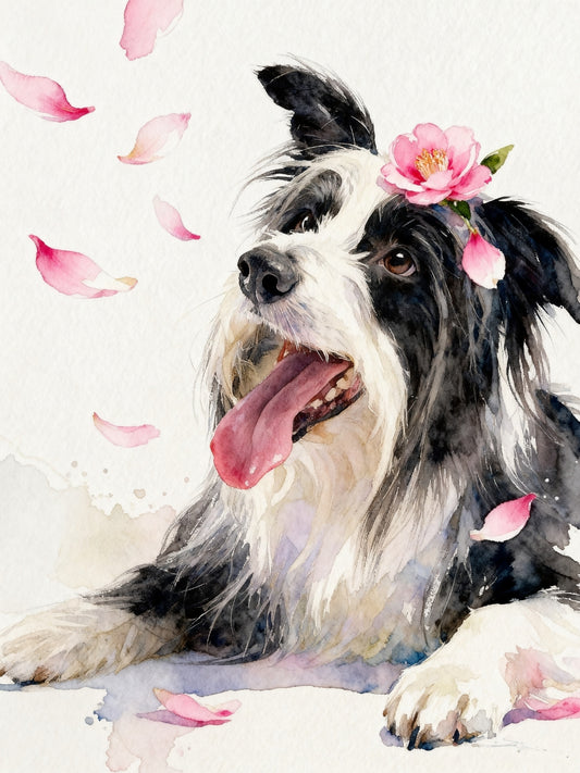 Watercolor pet portrait of a happy black and white dog with soft pink camellia petals, minimal background, playful and whimsical style.