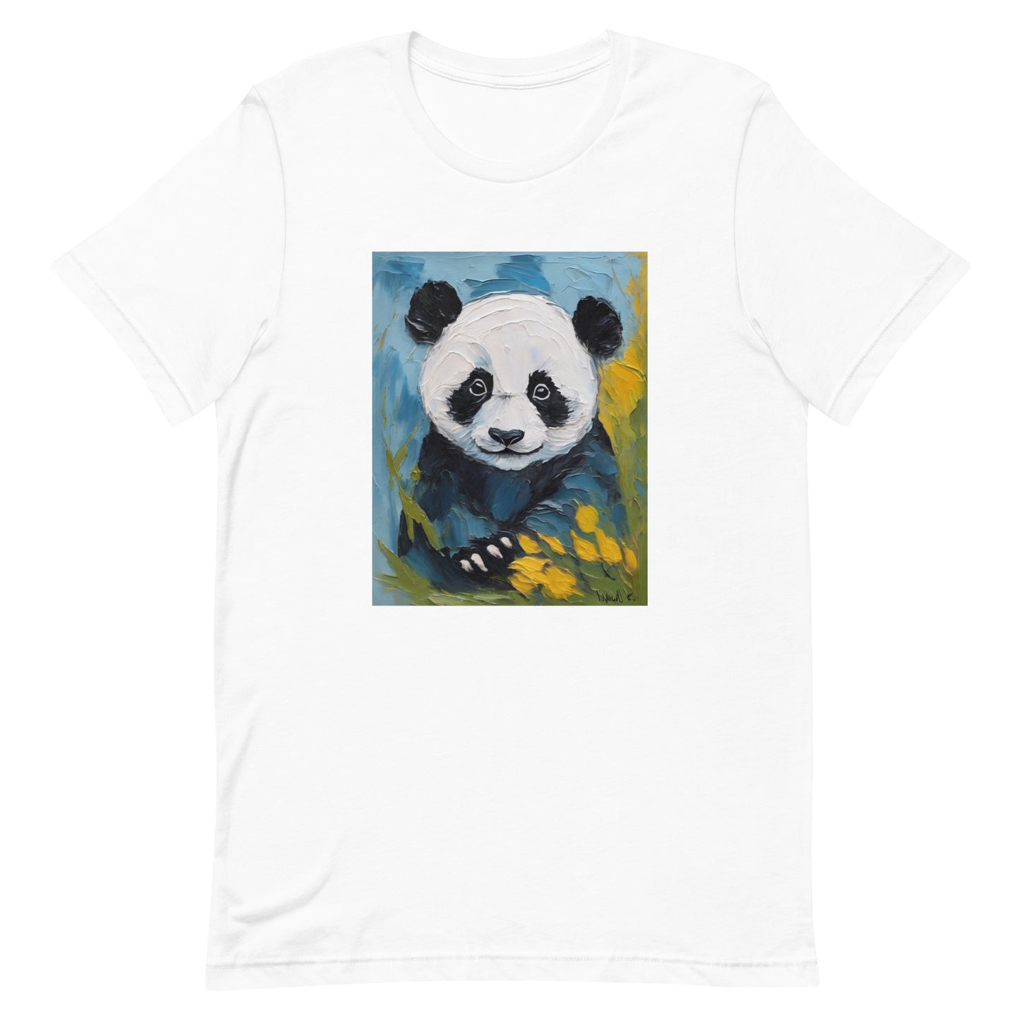 White cotton t-shirt with an oil-painting-style panda graphic, featuring a cute panda against soft blue brushstroke sky and yellow floral accents.