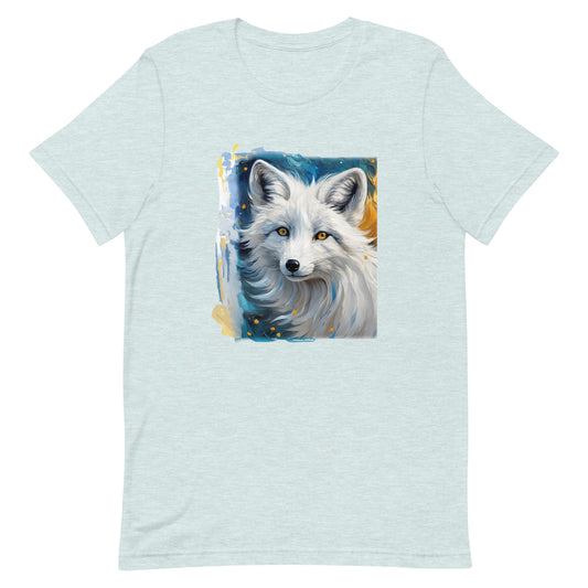 White Fox Artistry Tee in Heather Prism Ice Blue color, featuring an artistic white fox design on the front.