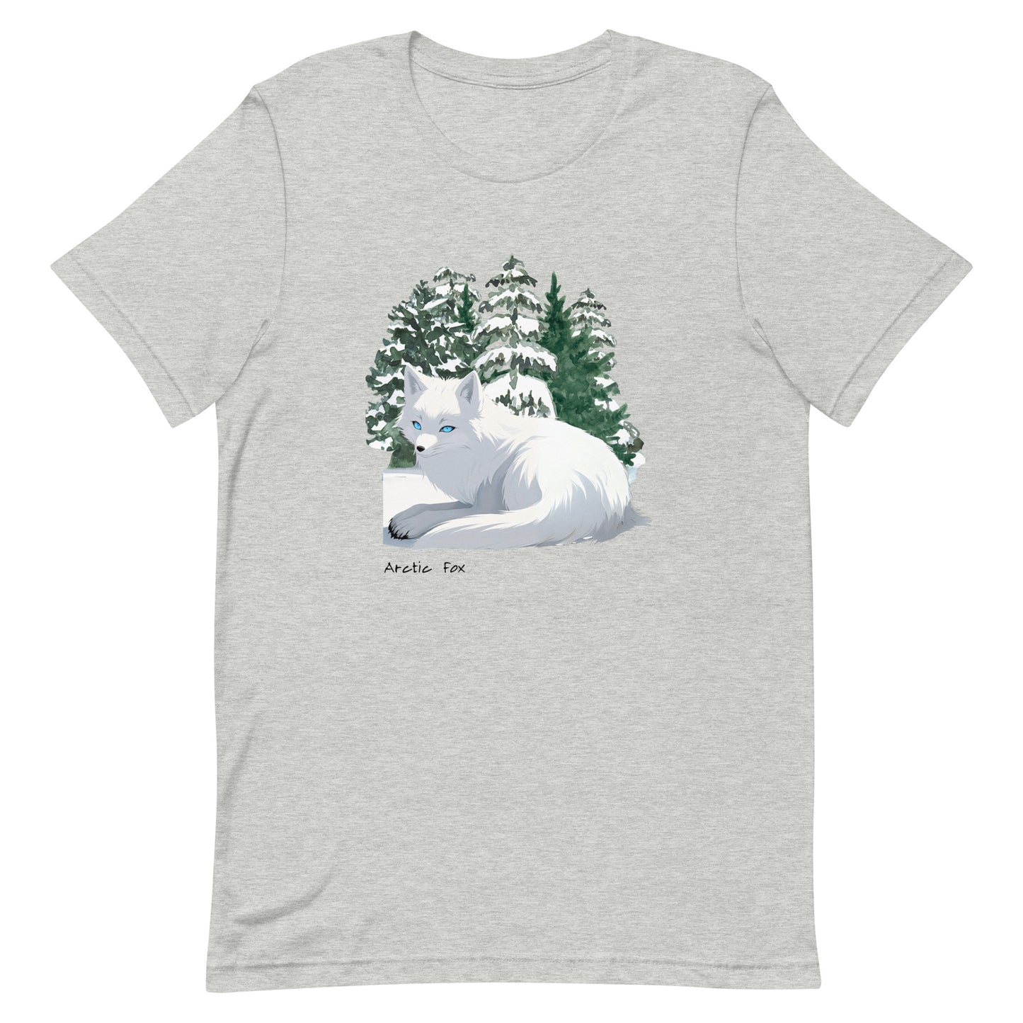 White Fox Forest T-Shirt in athletic heather, featuring a design of an arctic fox and forest.