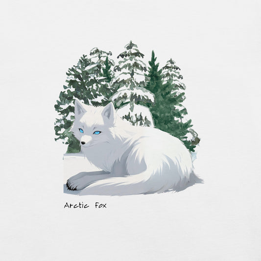 Close up of a White Fox Forest T-Shirt featuring a design of an arctic fox and forest.