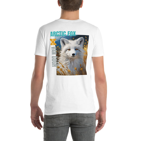 Back view of a young man wearing a White Fox in Wheat T-Shirt in white, featuring an artistic white fox design surrounded by a wheat field, inspired by Van Gogh’s Wheat Field.