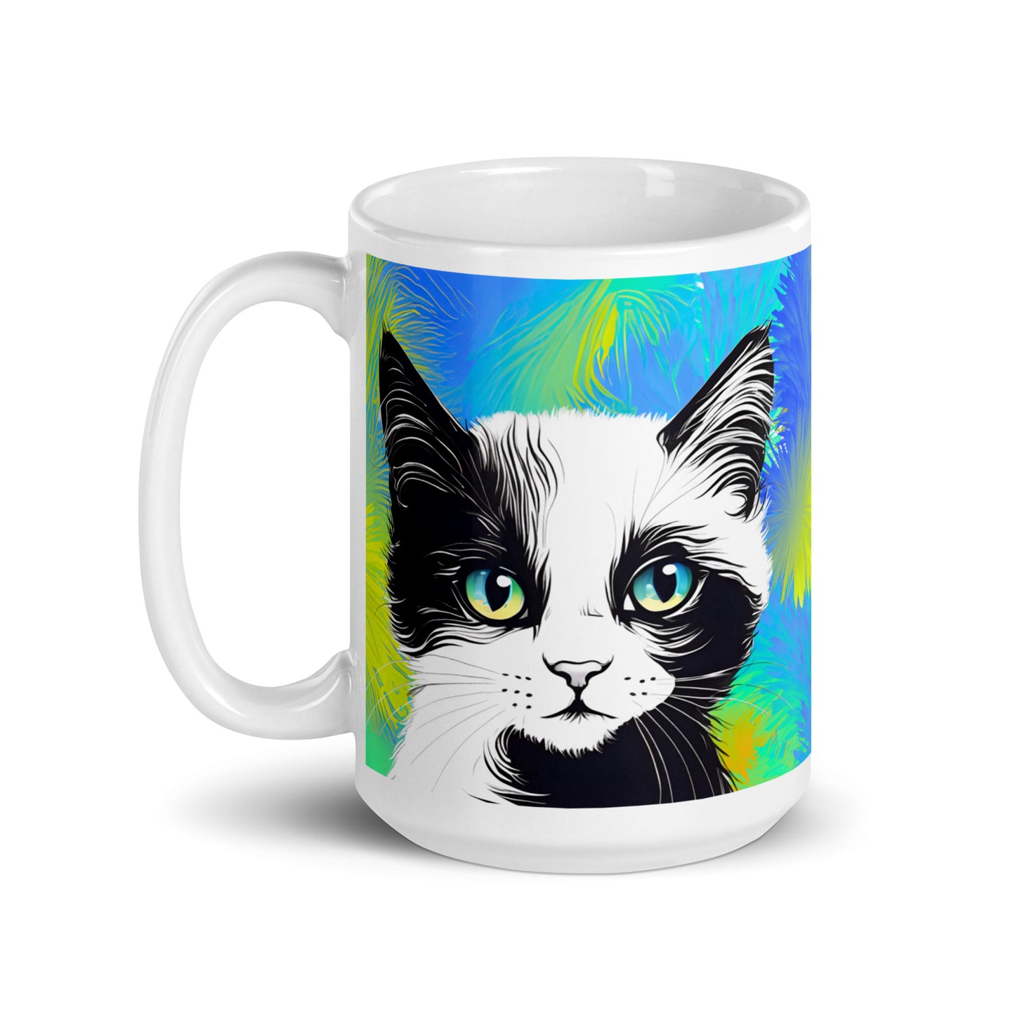 A 15oz white glossy ceramic mug showcasing a black and white cat against a vibrant, artistically designed background.