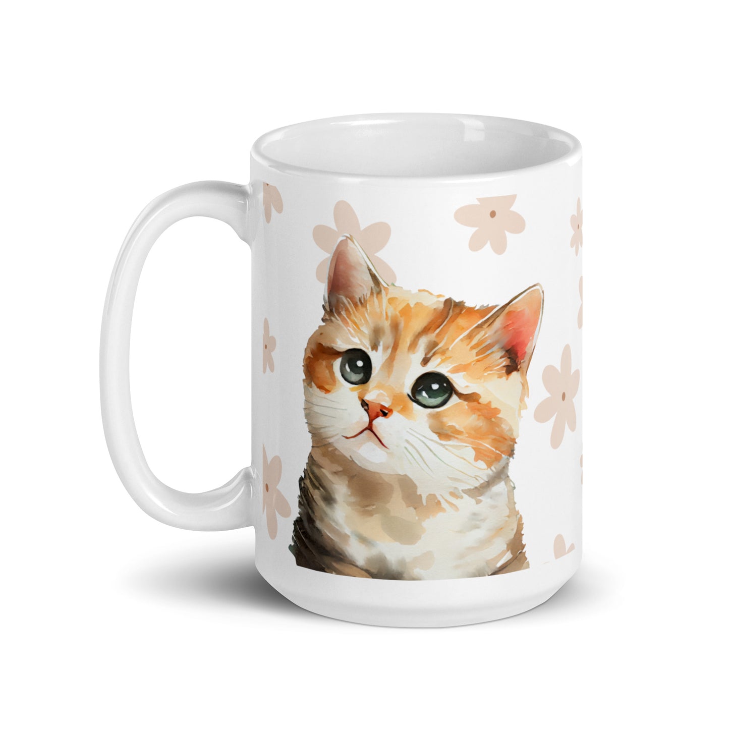 A 15oz white glossy ceramic mug adorned with an adorable watercolor-style cat illustration and a charming pink clover pattern design, exuding artistic elegance.