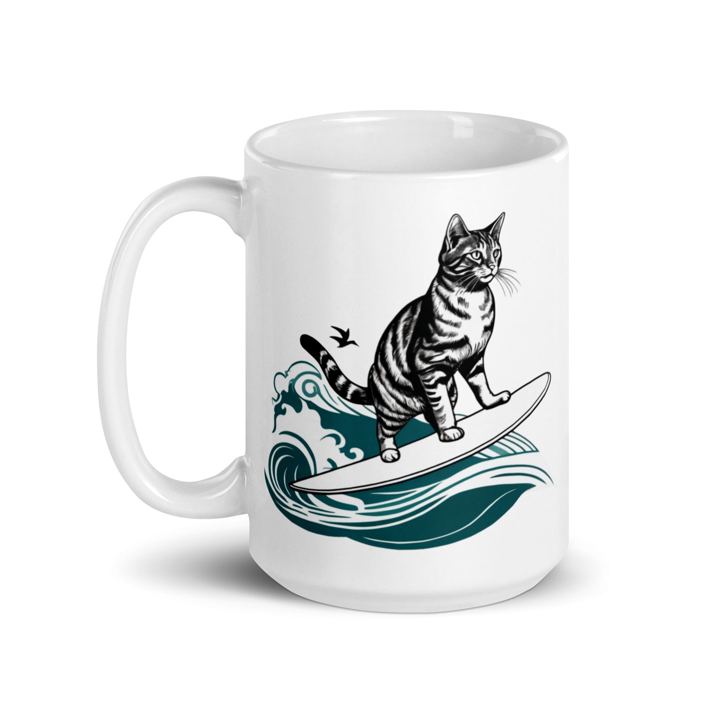 15oz white glossy mug featuring a cool surfing cat graphic.