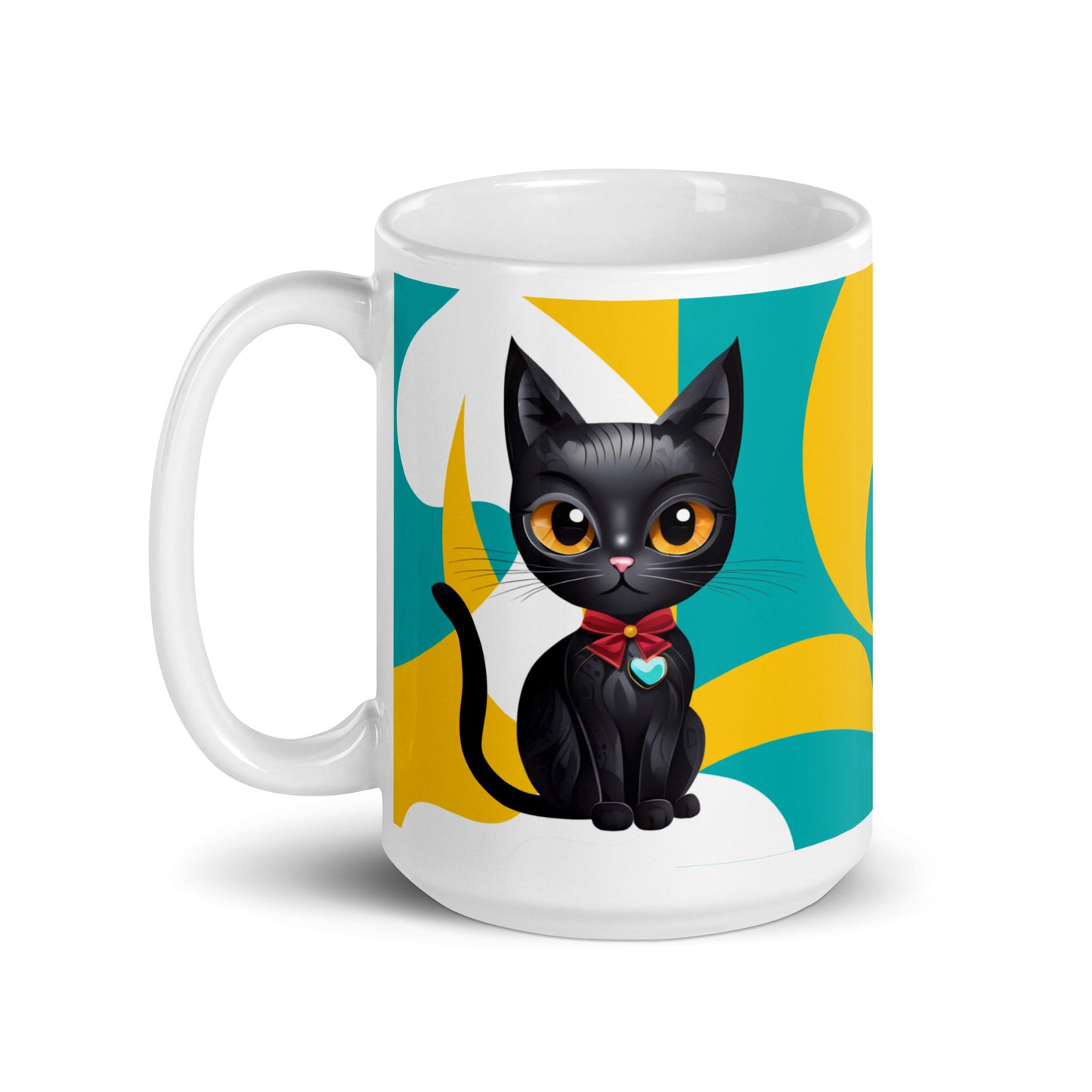 Glossy white ceramic mug showcasing a sleek black cat against a vibrant, artistically designed background.