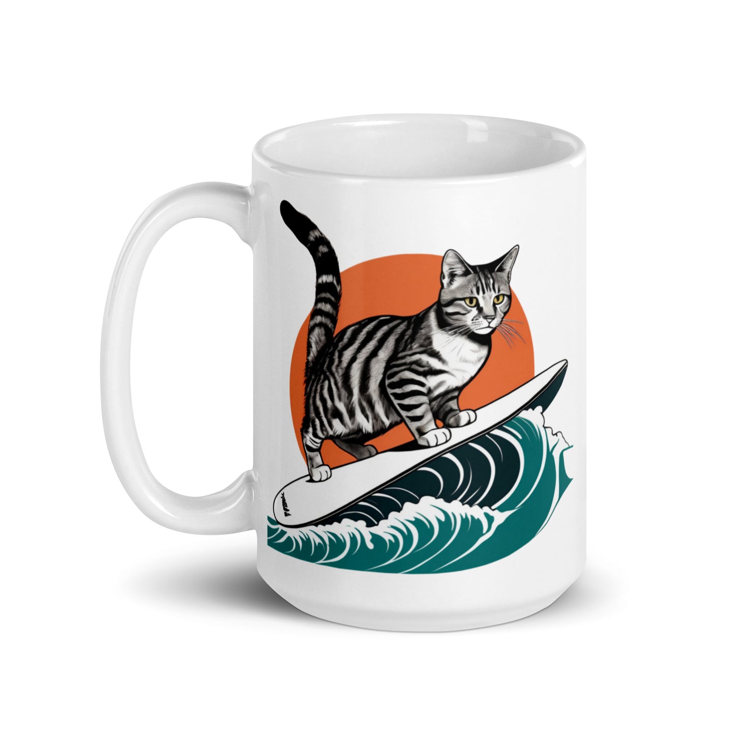 15oz white glossy mug featuring a wave riding cat graphic.
