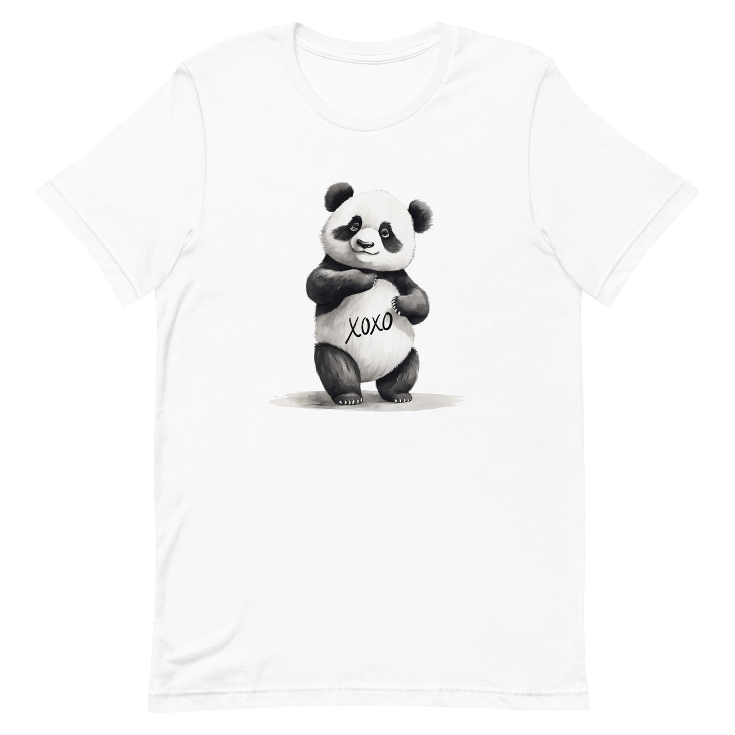 White t-shirt made of soft cotton, showcasing a playful panda graphic with 'Xoxo' on its belly.