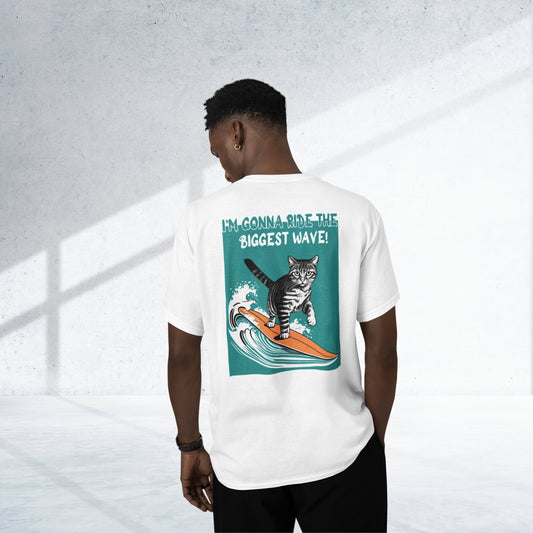 Back view of a young man wearing a cat funny t-shirt – a white cotton tee featuring a playful graphic of a waving cat and the text: 'I'm gonna ride the biggest wave.' A cool and humorous design for cat lovers.