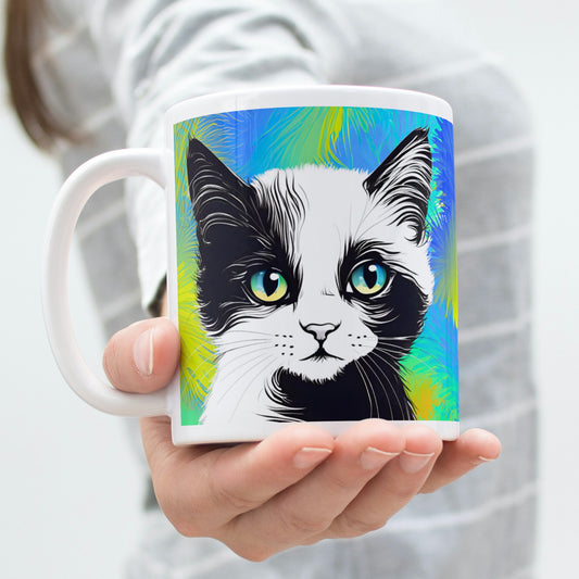 A woman extending her hand with a warm gesture, offering a white glossy ceramic mug featuring a black and white cat against a vibrant, artistic backdrop.