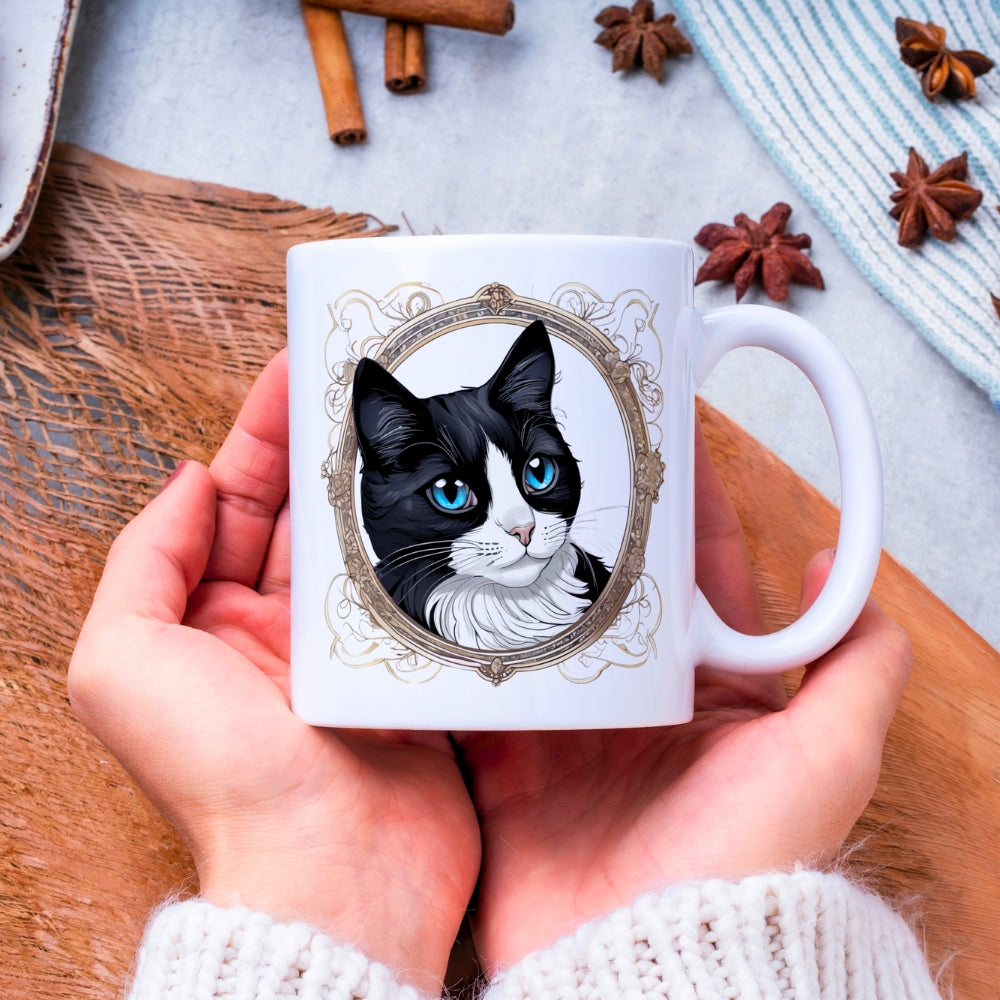 Close-up of a woman holding a tuxedo tea cup with an elegant tuxedo cat design, cradling it with both hands.