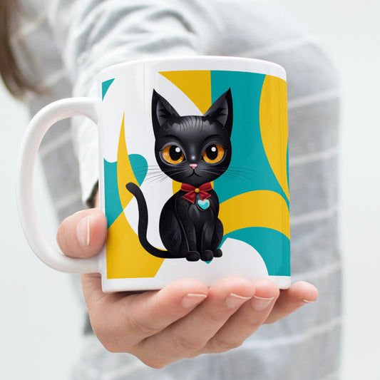 A woman extending her hand, offering a glossy white ceramic mug featuring a sleek black cat design on a vibrant, artistic background.