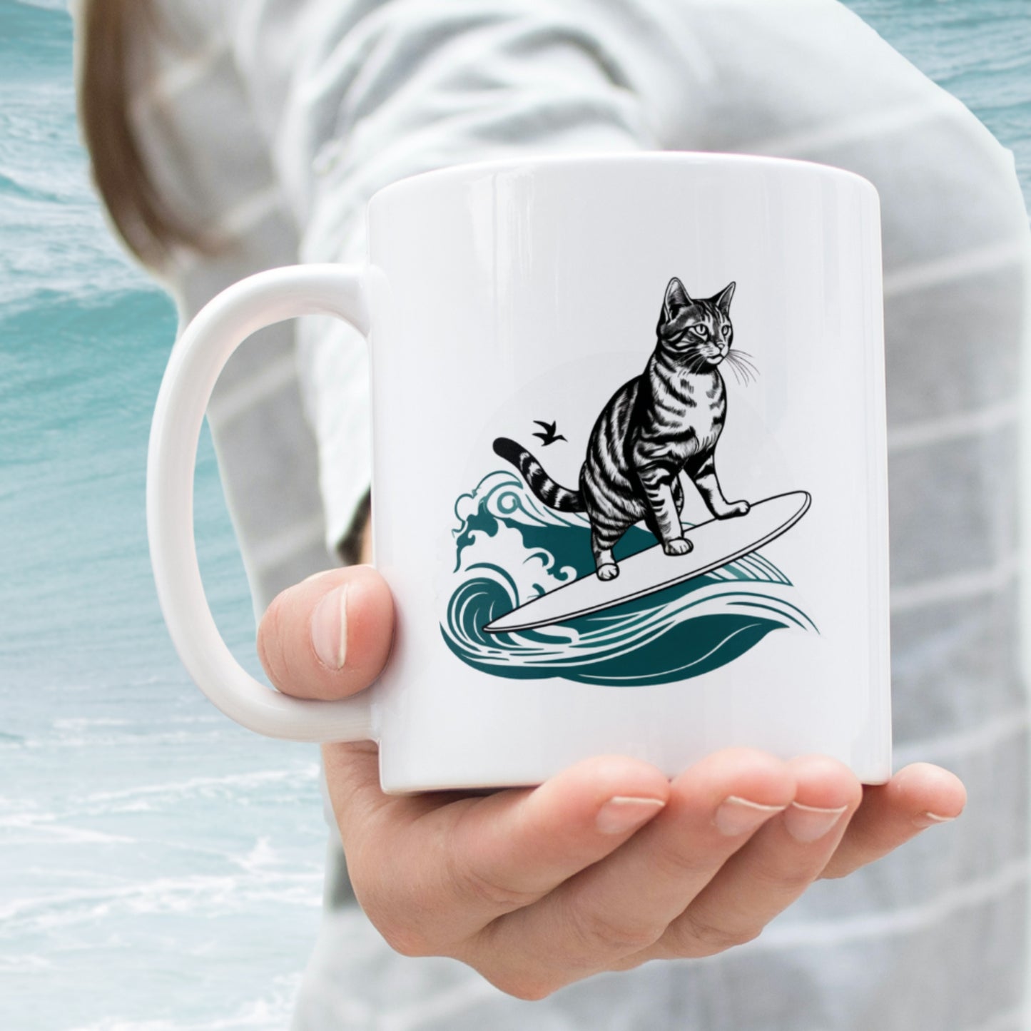 Meotastic Surfing Cat White Glossy Mug