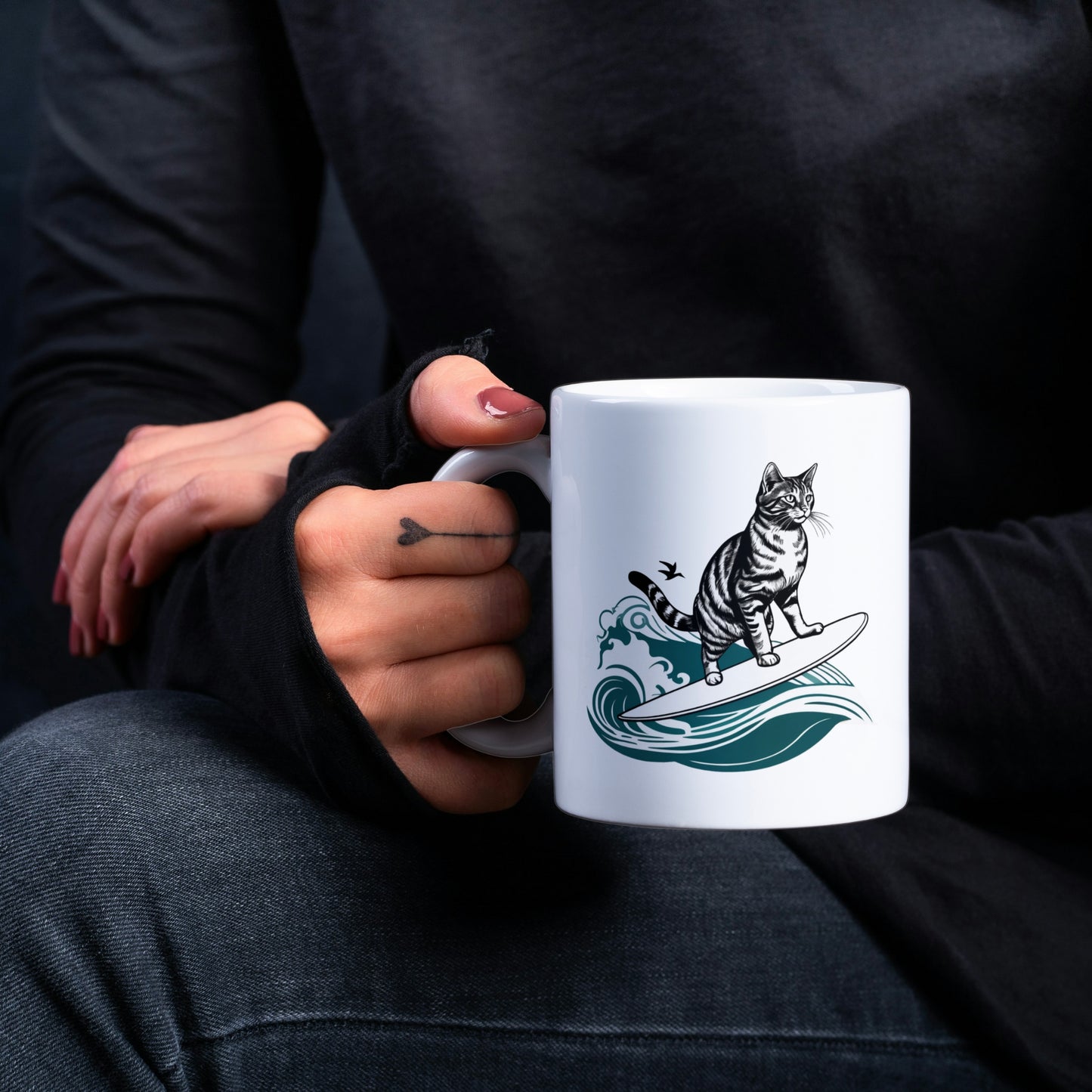 Meotastic Surfing Cat White Glossy Mug