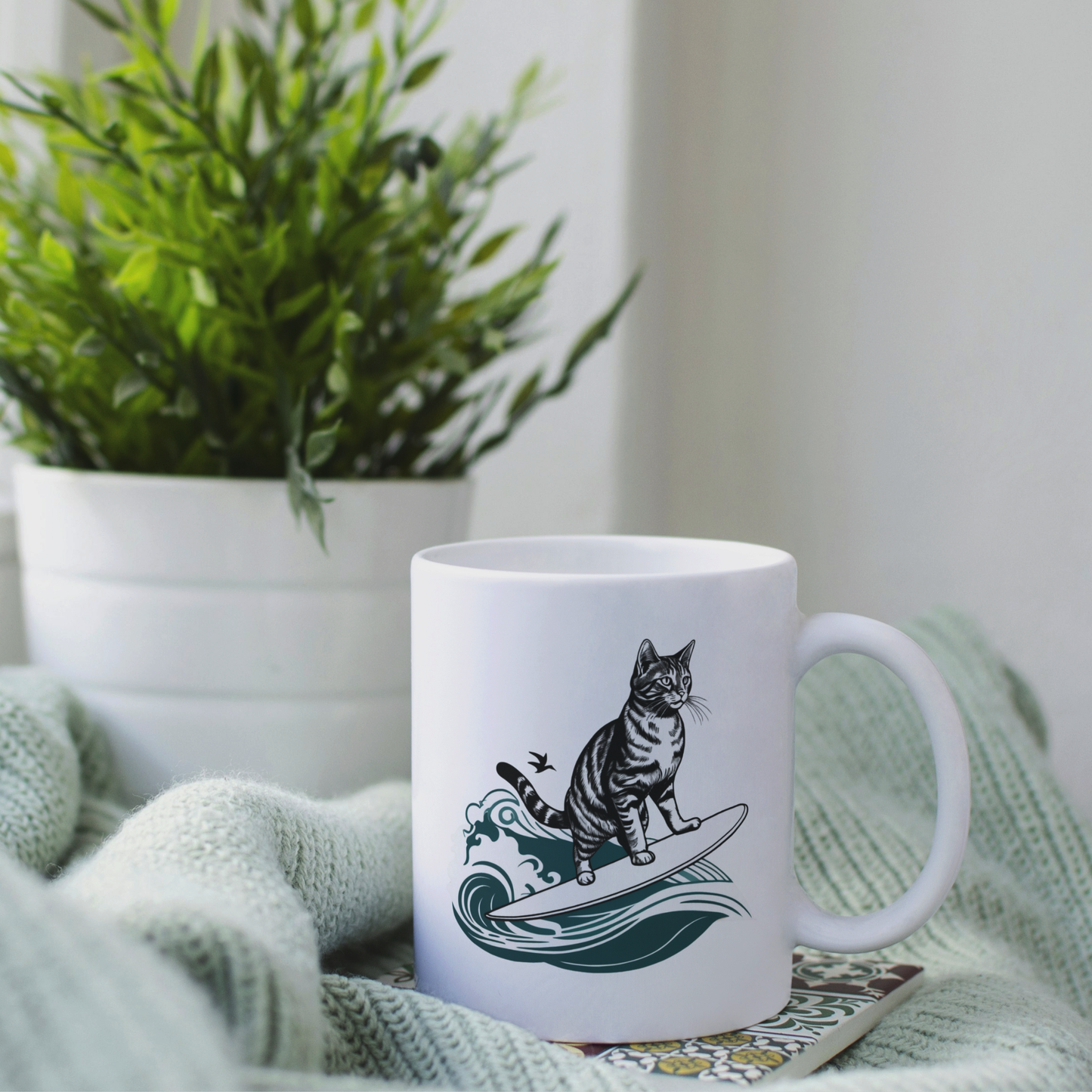 Meotastic Surfing Cat White Glossy Mug